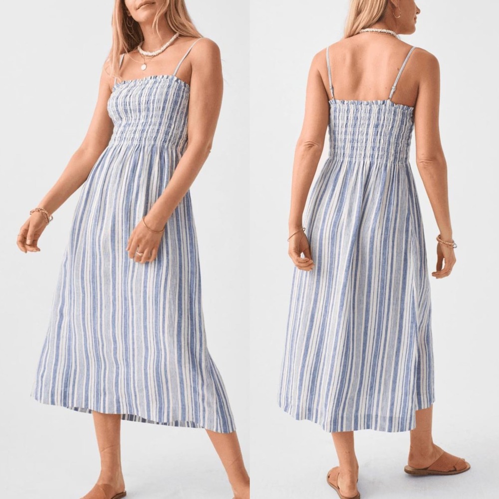 Faherty Lakeview Linen‎ Dress, Blue Bombay Stripe (Sz M)